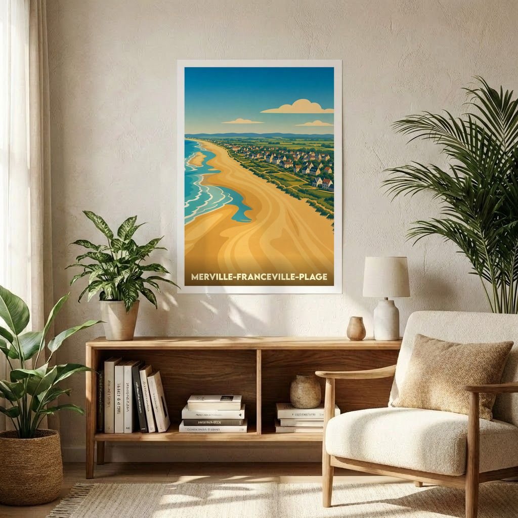 Affiche souvenir de la ville de Merville-Franceville-Plage avec une illustration stylisée de sa plage et de son littoral.