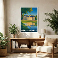 Affiche souvenir de la ville de Méry-sur-Oise avec une illustration stylisée du château se reflétant dans l'eau.