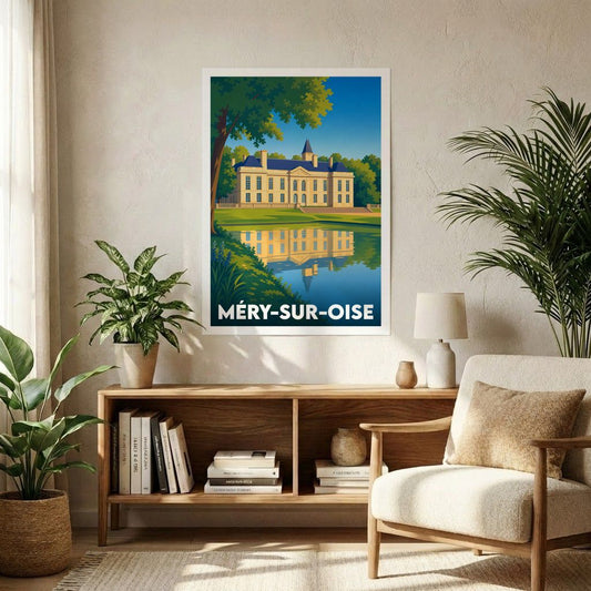 Affiche souvenir de la ville de Méry-sur-Oise avec une illustration stylisée du château se reflétant dans l'eau.