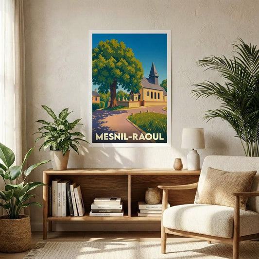 Affiche souvenir de la ville de Mesnil-Raoul avec une illustration stylisée de son église et d'un grand arbre.