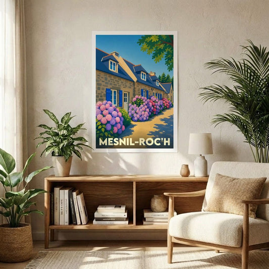 Affiche souvenir de la ville de Mesnil-Roc'h avec une illustration stylisée de maisons bretonnes et d'hortensias.