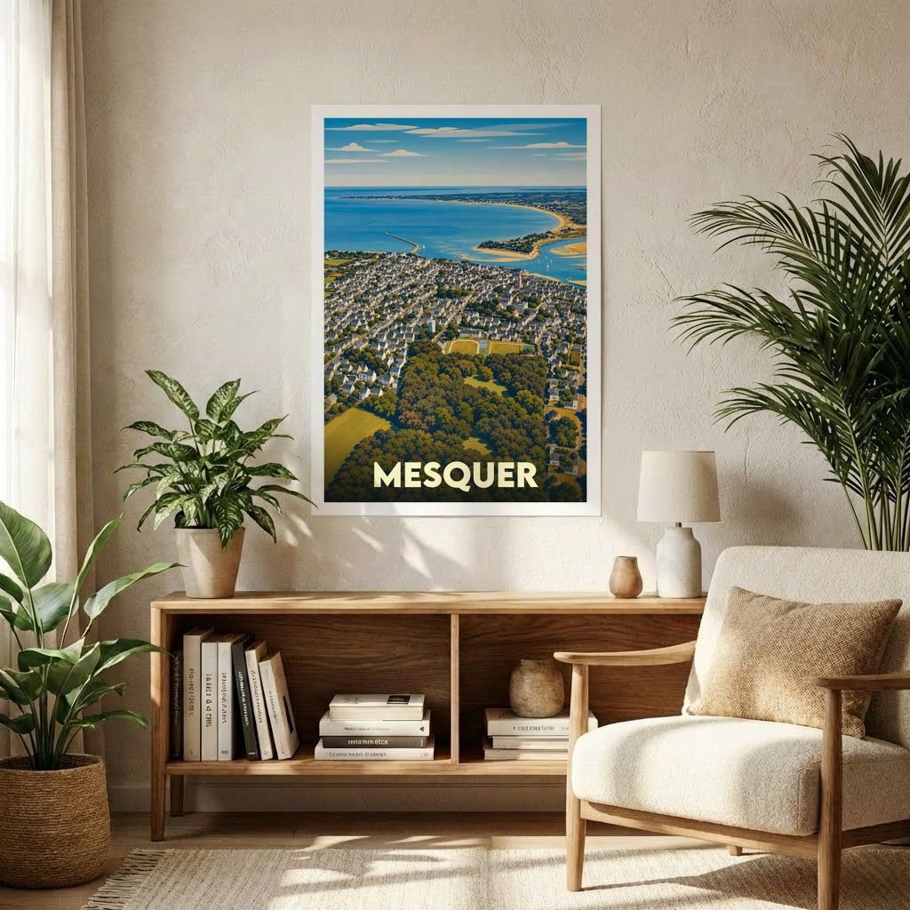 Affiche souvenir de la ville de Mesquer représentant une vue aérienne illustrée du littoral et de la commune.