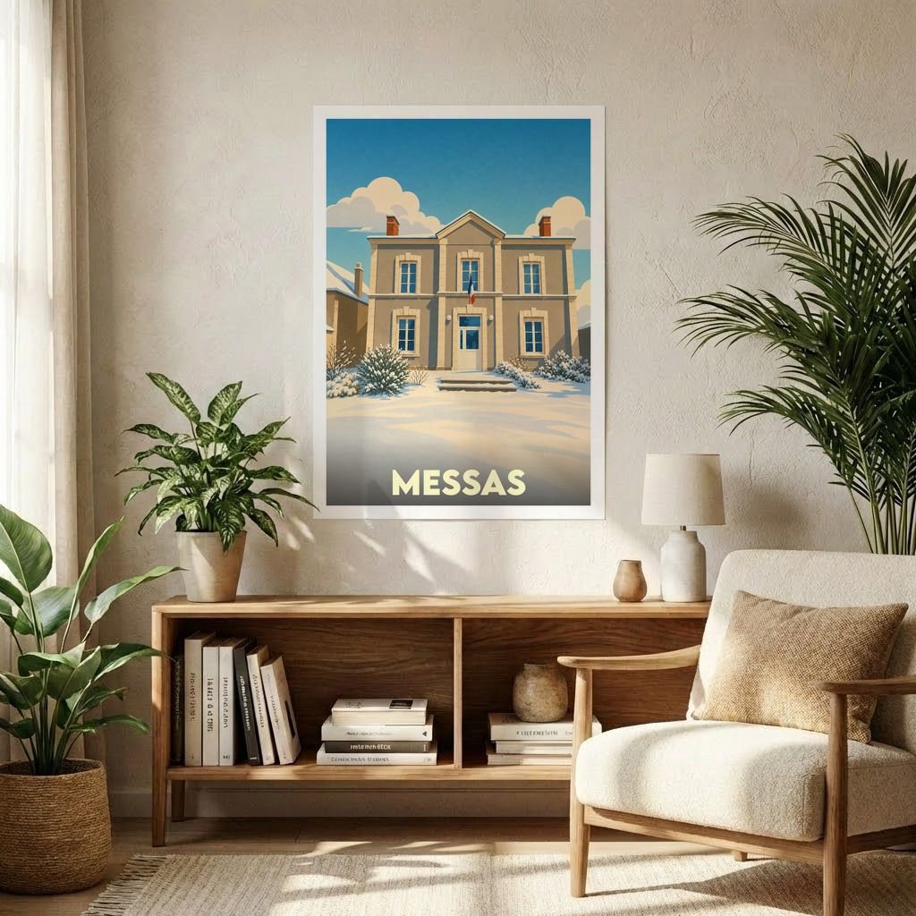 Affiche souvenir de la ville de Messas représentant son hôtel de ville sous la neige dans un style graphique épuré.
