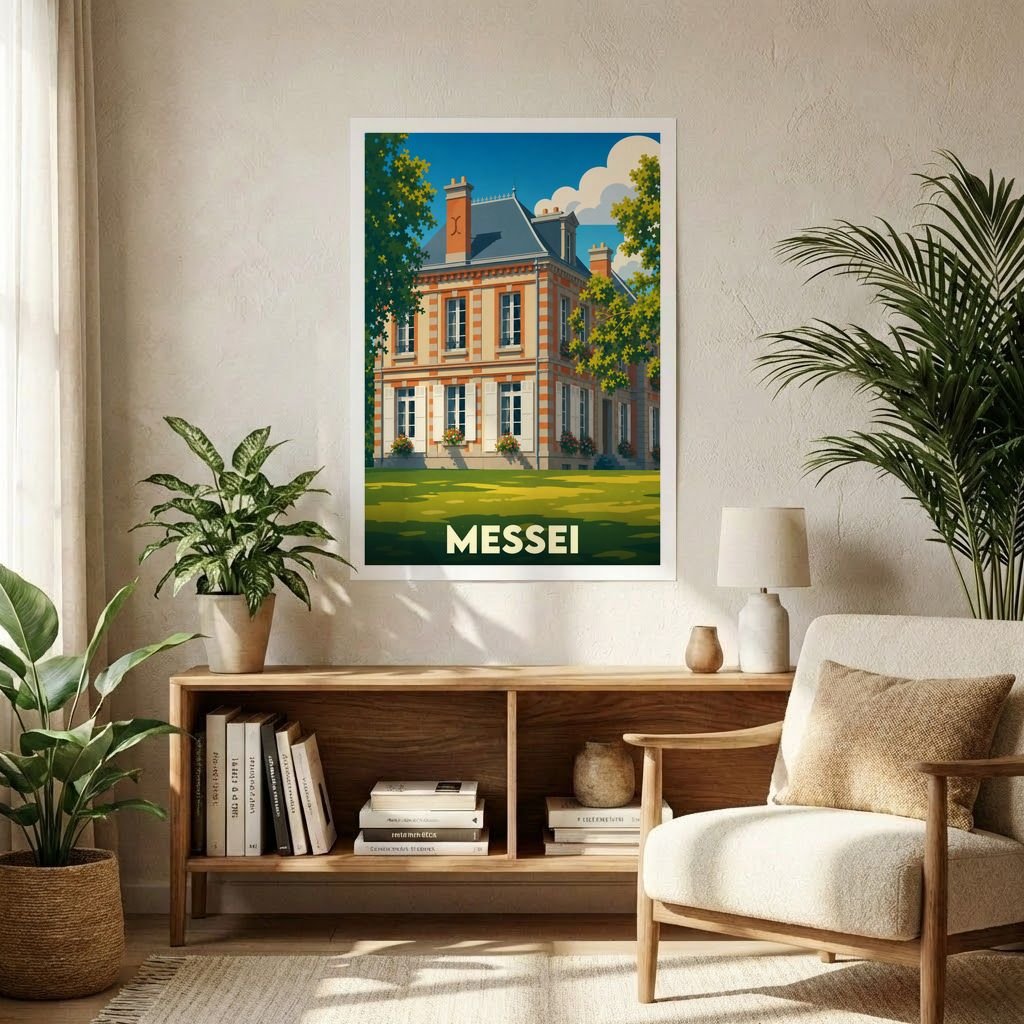 Affiche souvenir de la ville de Messei représentant une grande demeure bourgeoise dans un style vintage illustré.