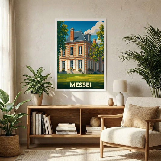 Affiche souvenir de la ville de Messei représentant une grande demeure bourgeoise dans un style vintage illustré.