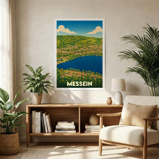 Affiche souvenir de la ville de Messein avec une illustration stylisée et colorée du lac.