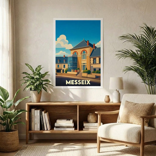 Affiche souvenir de la ville de Messeix avec une illustration stylisée et colorée de son architecture.