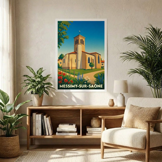 Affiche souvenir de la ville de Messimy-sur-Saône avec une illustration stylisée de son église et de paysages fleuris.