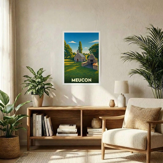 Affiche souvenir de la ville de Meucon avec une illustration stylisée d'une petite chapelle en pierre.