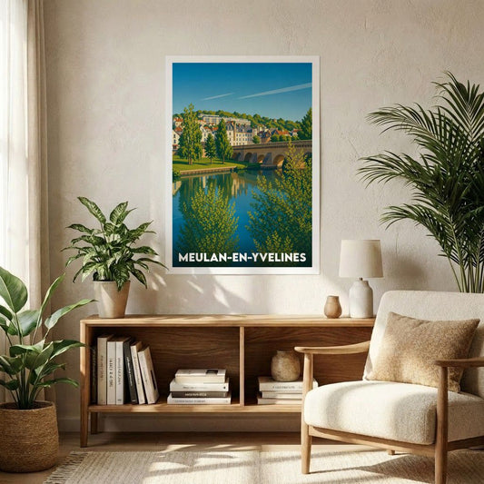 Affiche souvenir de la ville de Meulan-en-Yvelines avec une illustration stylisée.