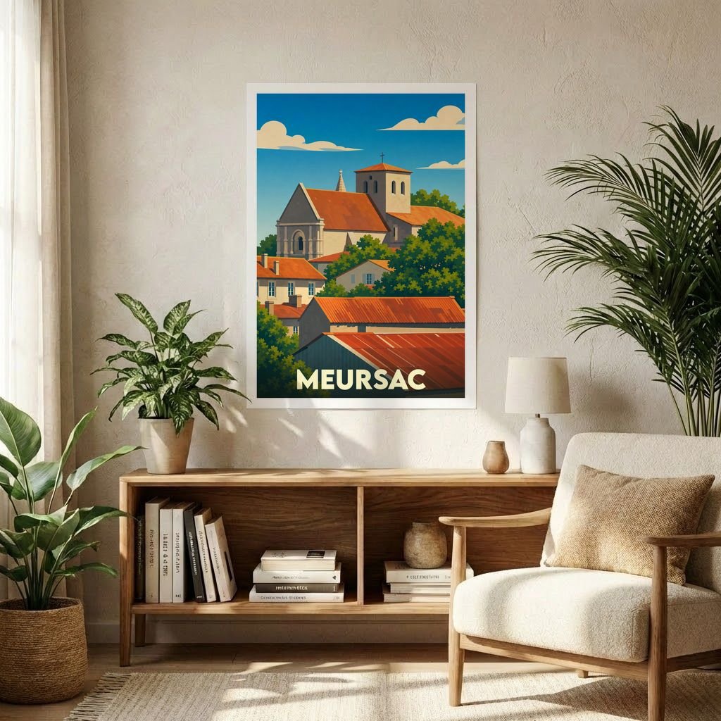 Affiche souvenir de la ville de Meursac avec une illustration stylisée de son église et de ses toits en briques.