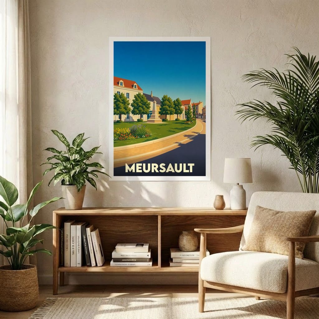 Affiche souvenir de la ville de Meursault représentant une illustration stylisée de sa place centrale.