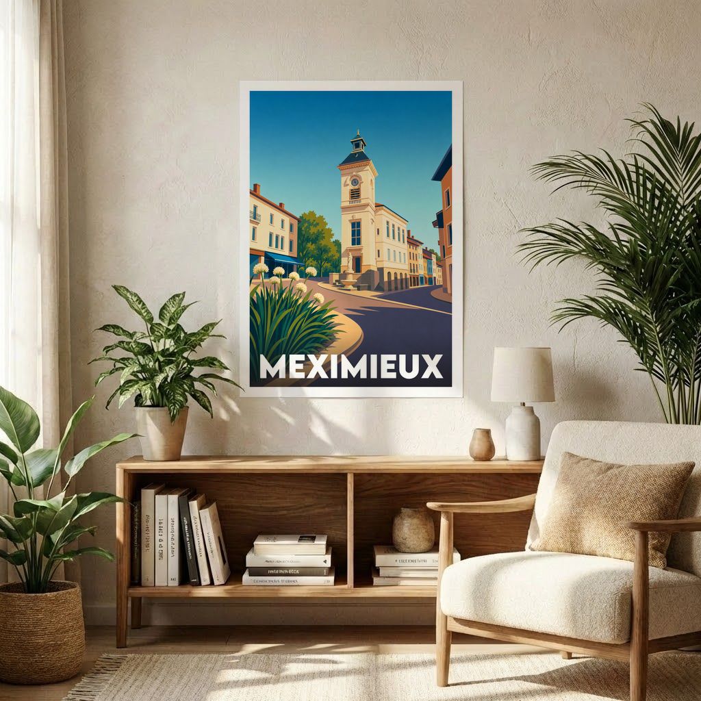 Affiche souvenir de la ville de Meximieux avec une illustration stylisée et colorée de son centre historique.
