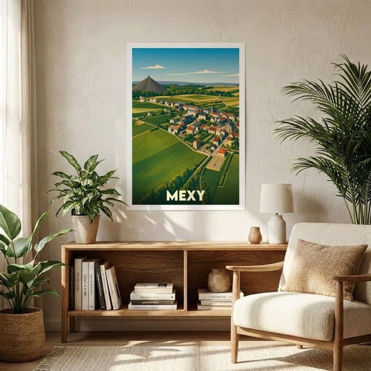 Affiche souvenir de la ville de Mexy présentant une illustration stylisée et colorée de son paysage.