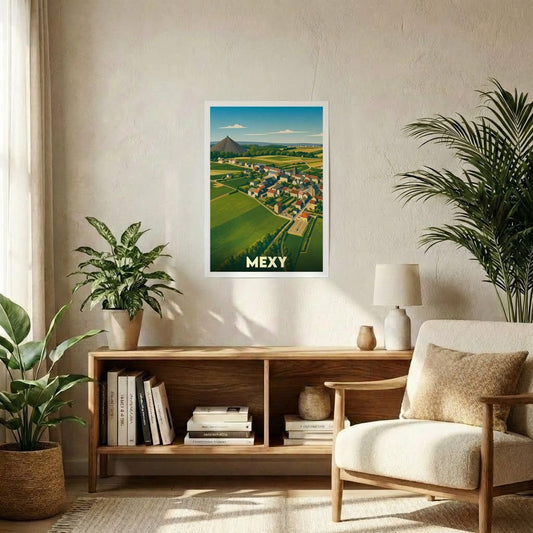 Affiche souvenir de la ville de Mexy avec une illustration paysagère stylisée.