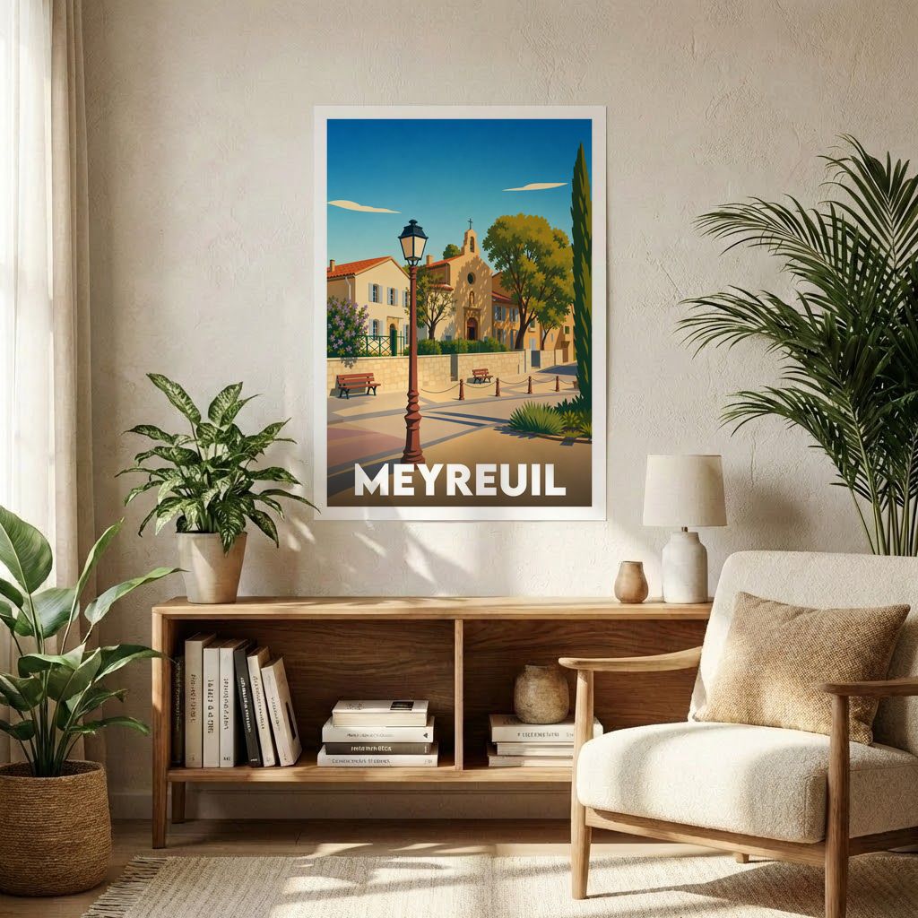 Affiche souvenir de la ville de Meyreuil avec une illustration stylisée d'une place ensoleillée.