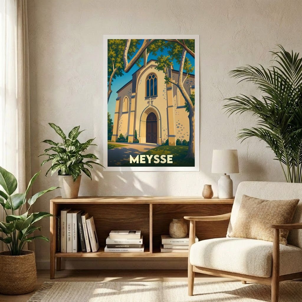 Affiche souvenir de la ville de Meysse avec une illustration stylisée de son église entourée d'arbres.