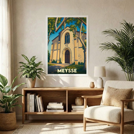 Affiche souvenir de la ville de Meysse avec une illustration stylisée de son église entourée d'arbres.