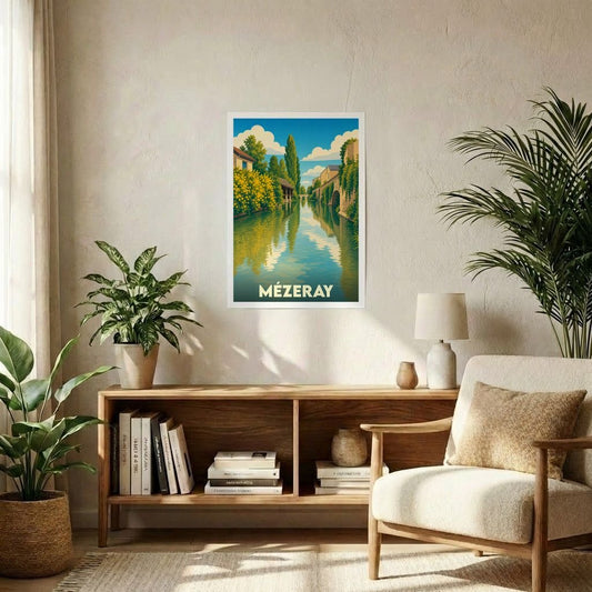 Affiche souvenir de la ville de Mézeray illustrant un canal paisible bordé de végétation.