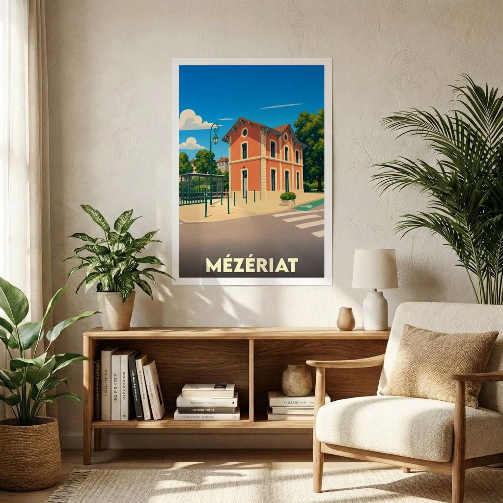 Affiche souvenir de la ville de Mézériat avec une illustration stylisée d'un bâtiment emblématique.