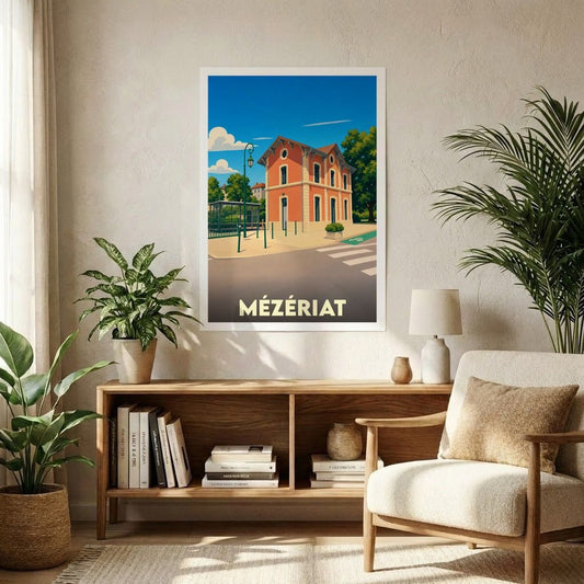 Affiche souvenir de la ville de Mézériat avec une illustration stylisée d'un bâtiment emblématique.