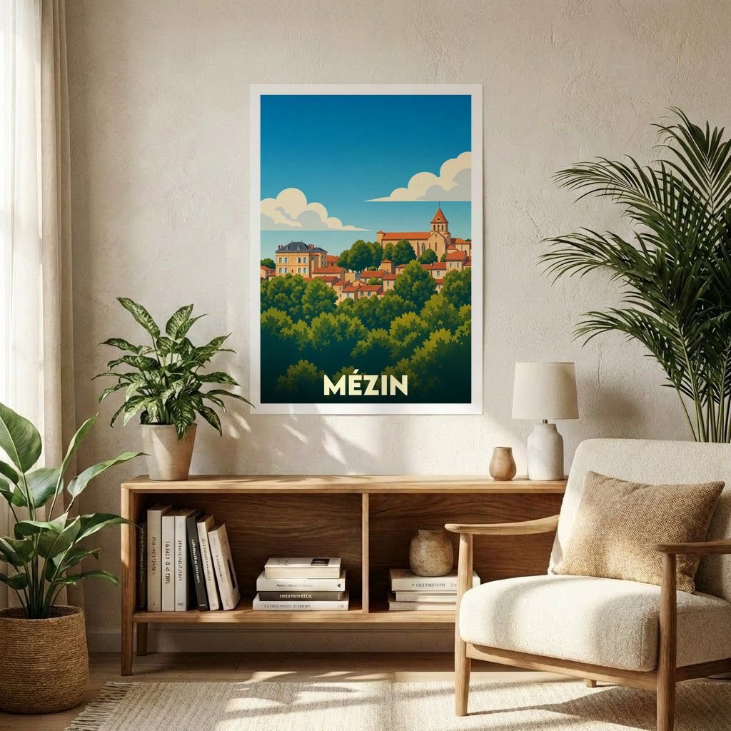 Affiche souvenir de la ville de Mézin avec une illustration stylisée et colorée du paysage urbain.