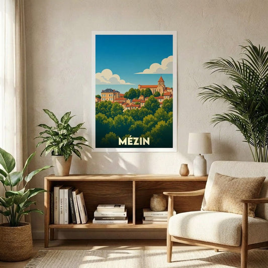 Affiche souvenir de la ville de Mézin avec une illustration stylisée et colorée du paysage urbain.