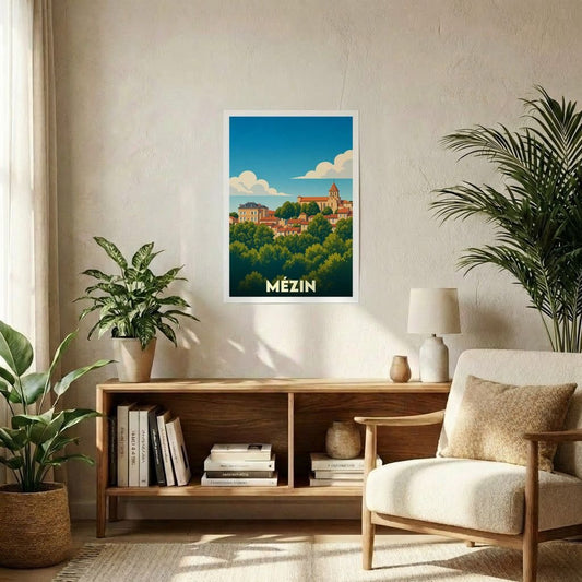 Affiche souvenir de la ville de Mézin avec une illustration stylisée et colorée.