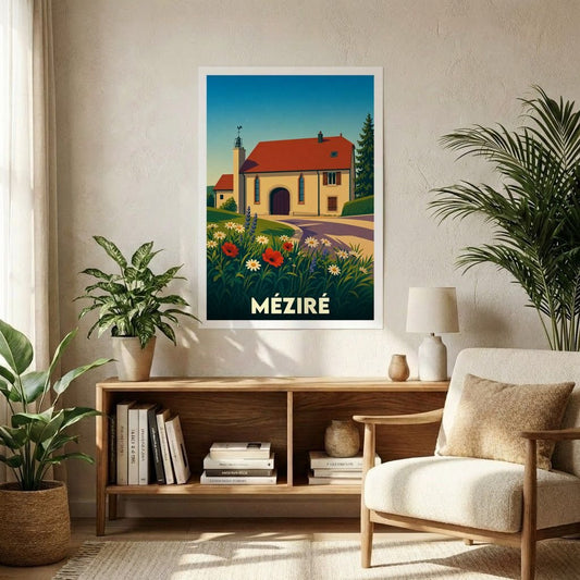 Affiche souvenir de la ville de Méziré illustrant son patrimoine architectural au milieu des fleurs sauvages.