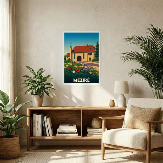 Affiche souvenir de la ville de Méziré représentant une illustration stylisée de son église au milieu des fleurs.
