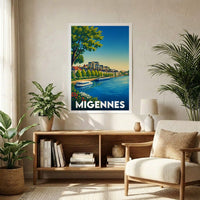 Affiche souvenir de la ville de Migennes illustrant un paysage fluvial paisible dans un style vintage.