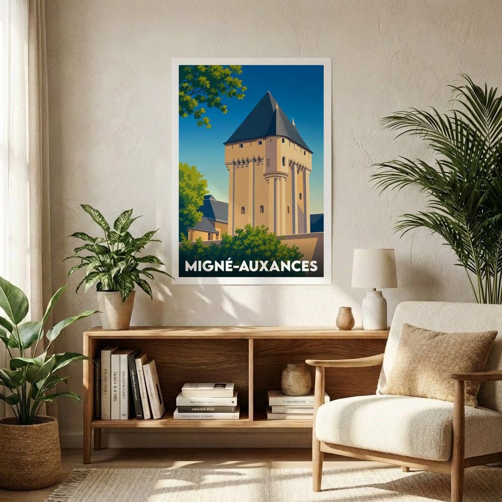 Affiche souvenir de la ville de Migné-Auxances avec une illustration stylisée de son donjon médiéval.