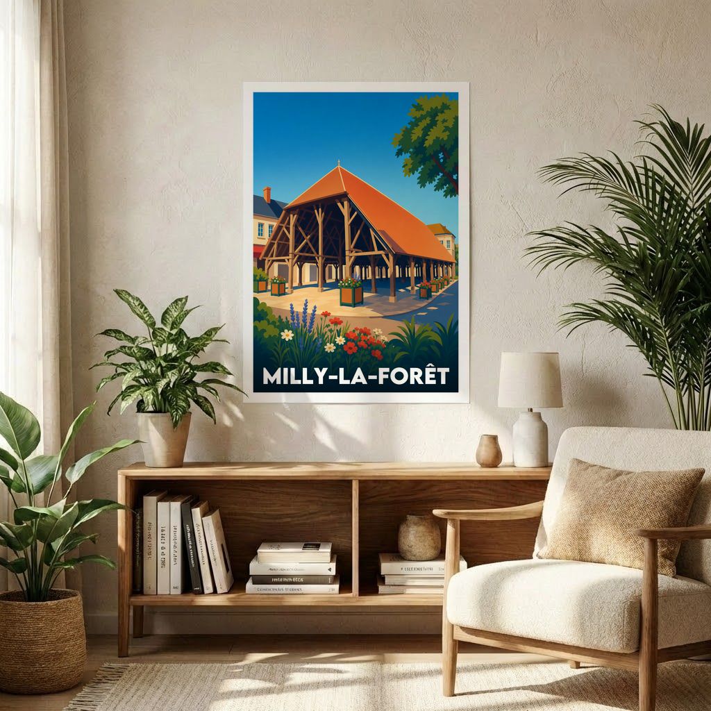 Affiche souvenir de la ville de Milly-la-Forêt avec une illustration stylisée de sa halle historique.