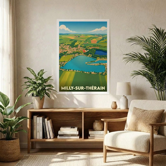 Affiche souvenir de la ville de Milly-sur-Thérain avec une illustration stylisée d'un paysage aérien.