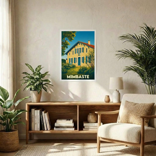 Affiche souvenir de la ville de Mimbaste avec une illustration stylisée d'une maison traditionnelle landaise.