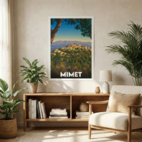 Affiche souvenir de la ville de Mimet avec une illustration stylisée.