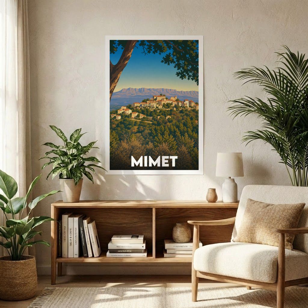 Affiche souvenir de la ville de Mimet avec une illustration stylisée.