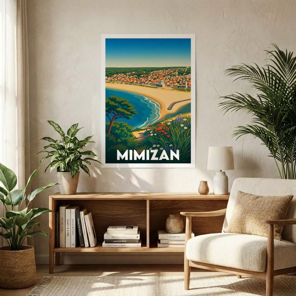 Affiche souvenir de la ville de Mimizan présentant une illustration stylisée de sa côte et de sa plage.