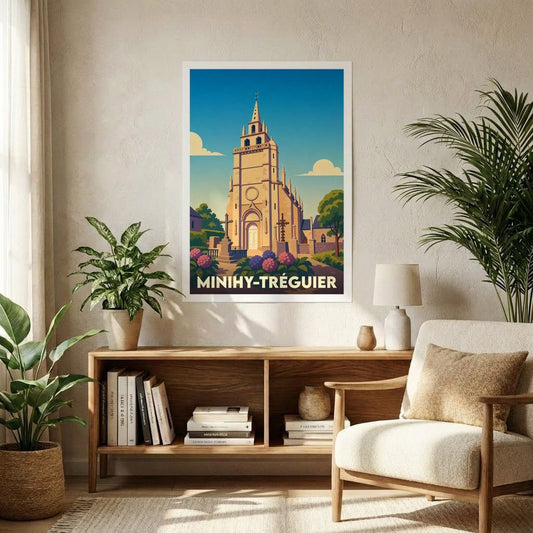Affiche souvenir de la ville de Minihy-Tréguier avec une illustration stylisée de son église.