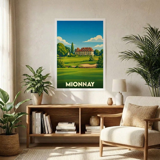 Affiche souvenir de la ville de Mionnay représentant un paysage de golf et son château dans un style vintage.