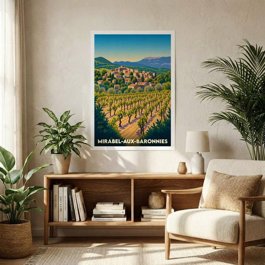 Affiche souvenir de la ville de Mirabel-aux-Baronnies avec une illustration stylisée de son paysage provençal.