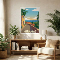 Affiche souvenir de la ville de Miramas avec une illustration stylisée d'un paysage méditerranéen.