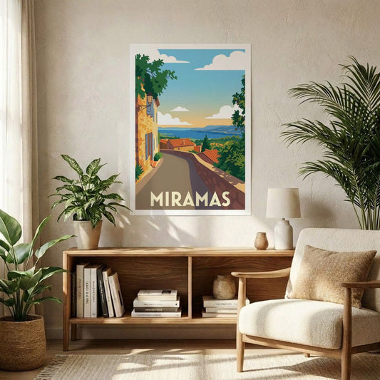 Affiche souvenir de la ville de Miramas avec une illustration stylisée d'un paysage méditerranéen.