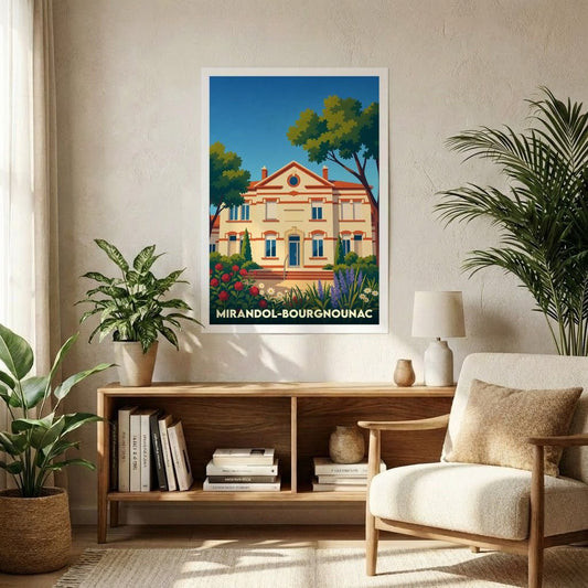 Affiche souvenir de la ville de Mirandol-Bourgnounac illustrant une bâtisse historique dans un style graphique coloré.