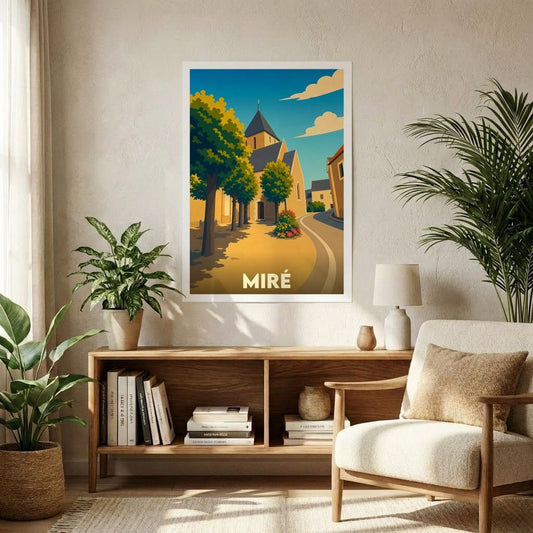 Affiche souvenir de la ville de Miré avec une illustration stylisée d'une église et d'une rue ensoleillée.