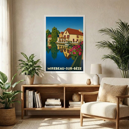 Affiche souvenir de la ville de Mirebeau-sur-Bèze avec une illustration stylisée d'une maison au bord de l'eau.