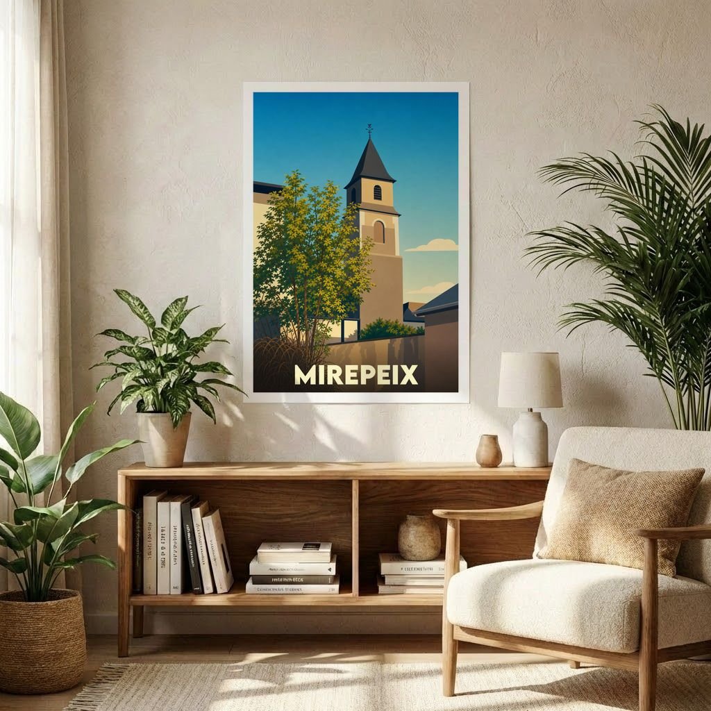 Affiche souvenir de la ville de Mirepeix avec une illustration stylisée d'un clocher.