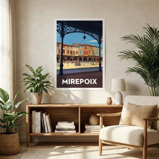 Affiche souvenir de la ville de Mirepoix avec une illustration stylisée de son centre historique médiéval.