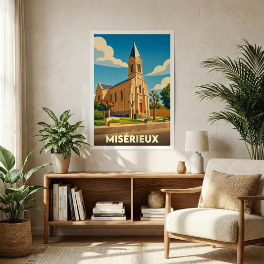 Affiche souvenir de la ville de Misérieux avec une illustration stylisée de son église sous un ciel azur.