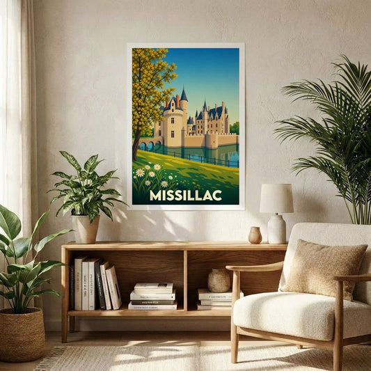 Affiche souvenir de la ville de Missillac représentant son château dans un style graphique rétro et coloré.